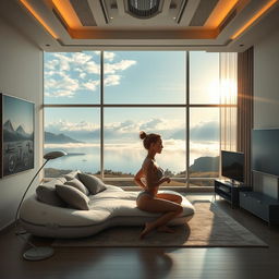 A wide, ultra-realistic depiction of a modern living room interior featuring a panoramic window that showcases a breathtaking view of a lake with mountains and clouds