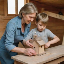 The mother and son in the wooden house, setting aside their cooking for a while, working together to construct a small, cozy birdhouse for the fallen bird.