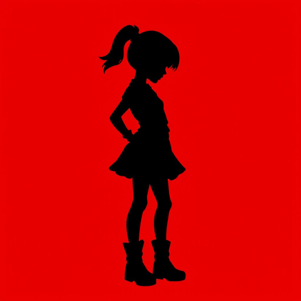 Silhouette of a rebellious girl against a vivid red background