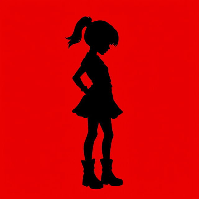 Silhouette of a rebellious girl against a vivid red background