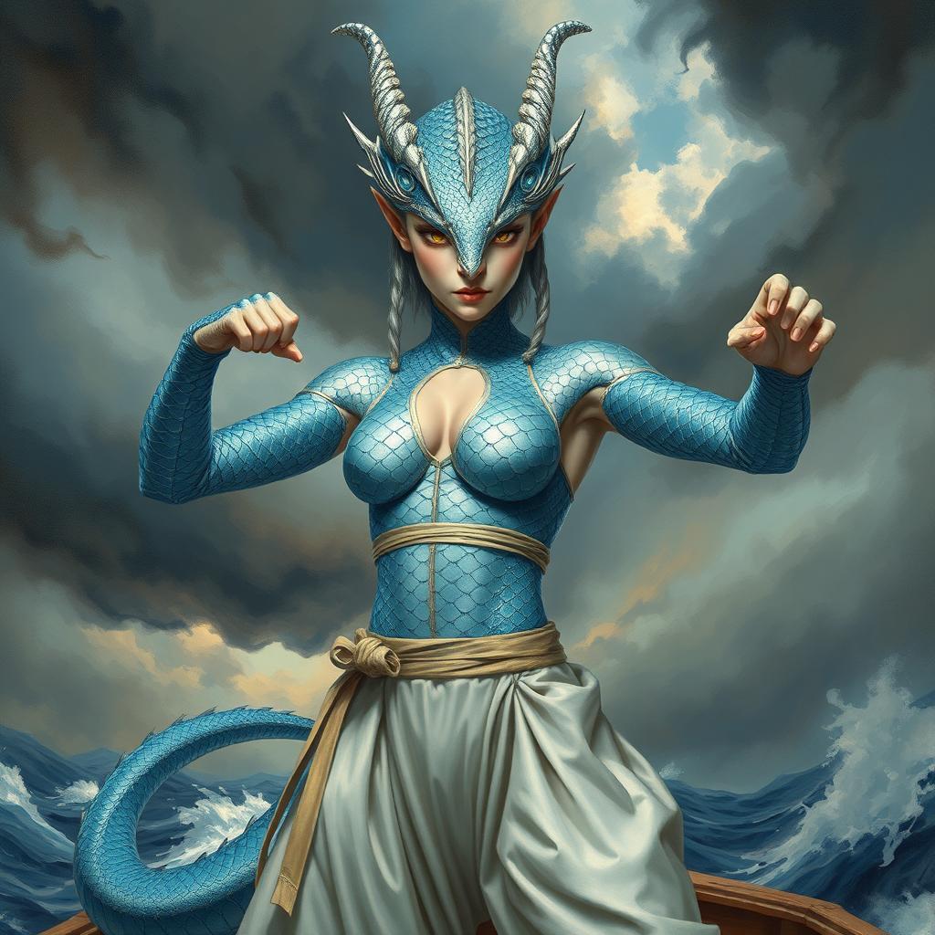 A captivating painting of a female humanoid dragon, her body clad in silvery blue scales that gleam with an otherworldly shimmer