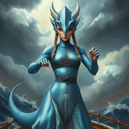 A captivating painting of a female humanoid dragon, her body clad in silvery blue scales that gleam with an otherworldly shimmer