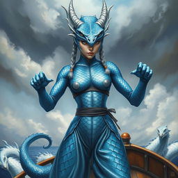 A captivating painting of a female humanoid dragon, her body clad in silvery blue scales that gleam with an otherworldly shimmer