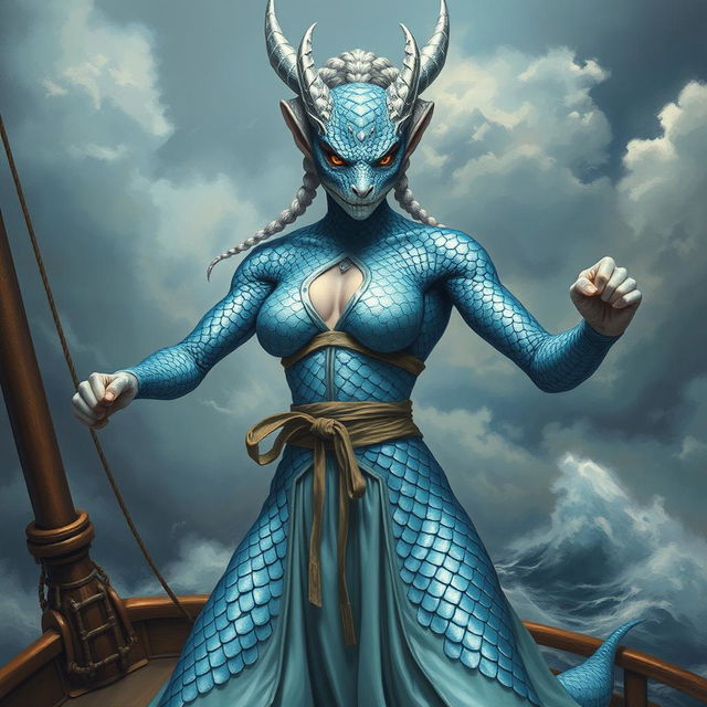 A captivating painting of a female humanoid dragon, her body clad in silvery blue scales that gleam with an otherworldly shimmer