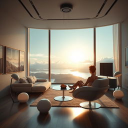 A realistic, photo-like depiction of a wide modern living room with a panoramic window offering a stunning view of a lake, mountains, and clouds