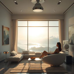 A realistic, photo-like depiction of a wide modern living room with a panoramic window offering a stunning view of a lake, mountains, and clouds