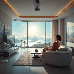 A realistic, photo-like depiction of a wide modern living room with a panoramic window offering a stunning view of a lake, mountains, and clouds