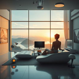 A realistic, photo-like depiction of a wide modern living room with a panoramic window offering a stunning view of a lake, mountains, and clouds