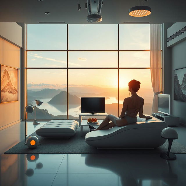 A realistic, photo-like depiction of a wide modern living room with a panoramic window offering a stunning view of a lake, mountains, and clouds