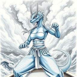 A detailed drawing of a female humanoid dragon characterized by the head and neck of a silvery blue dragon