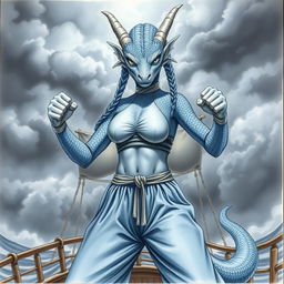 A detailed drawing of a female humanoid dragon characterized by the head and neck of a silvery blue dragon