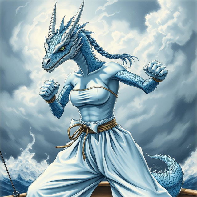 A detailed drawing of a female humanoid dragon characterized by the head and neck of a silvery blue dragon