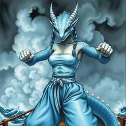 A detailed drawing of a female humanoid dragon characterized by the head and neck of a silvery blue dragon