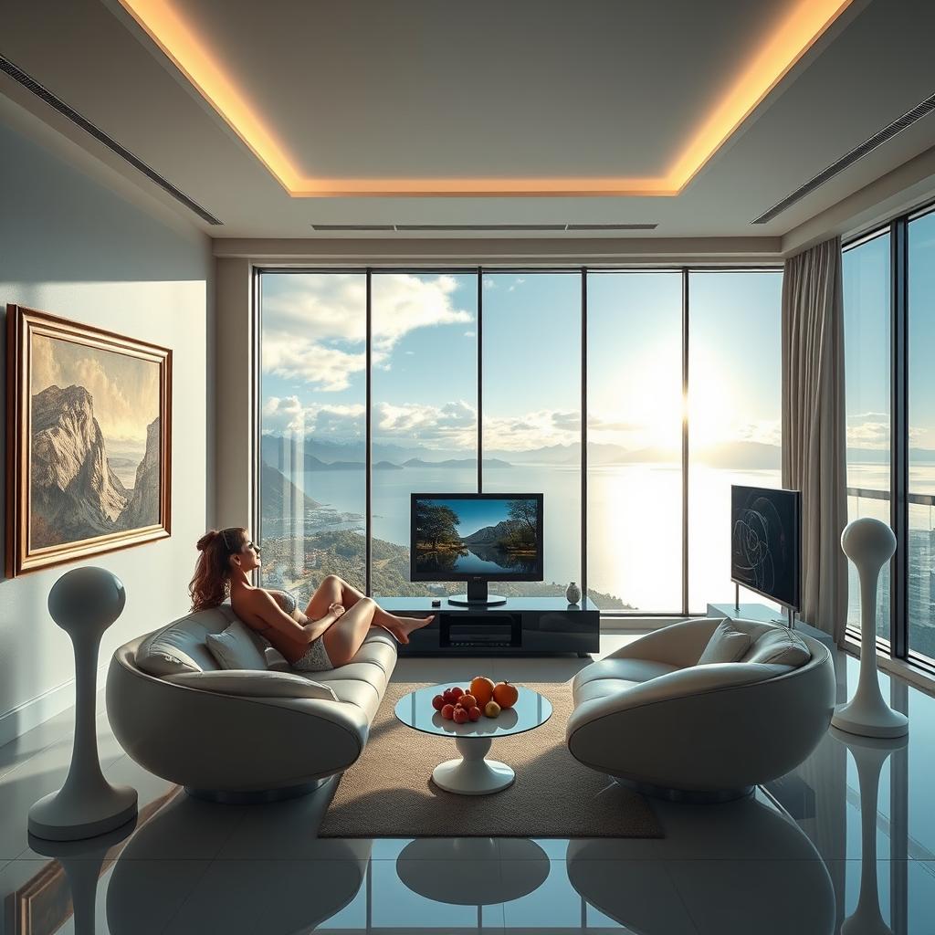 A realistic, photographic depiction of a wide modern living room with a panoramic window offering a breathtaking view of a lake, mountains, and clouds