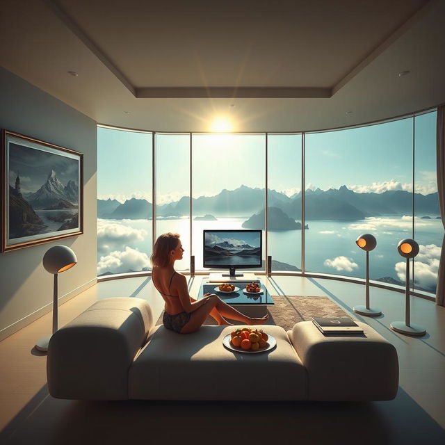 A realistic, photographic depiction of a wide modern living room with a panoramic window offering a breathtaking view of a lake, mountains, and clouds