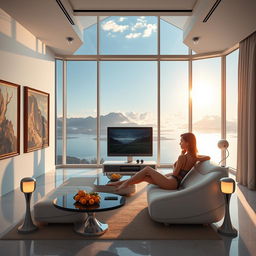 A realistic, photographic depiction of a wide modern living room with a panoramic window offering a breathtaking view of a lake, mountains, and clouds