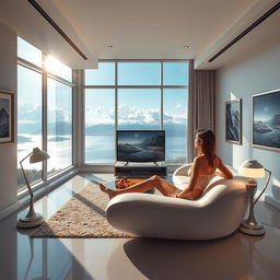 A realistic, photographic depiction of a wide modern living room with a panoramic window offering a breathtaking view of a lake, mountains, and clouds