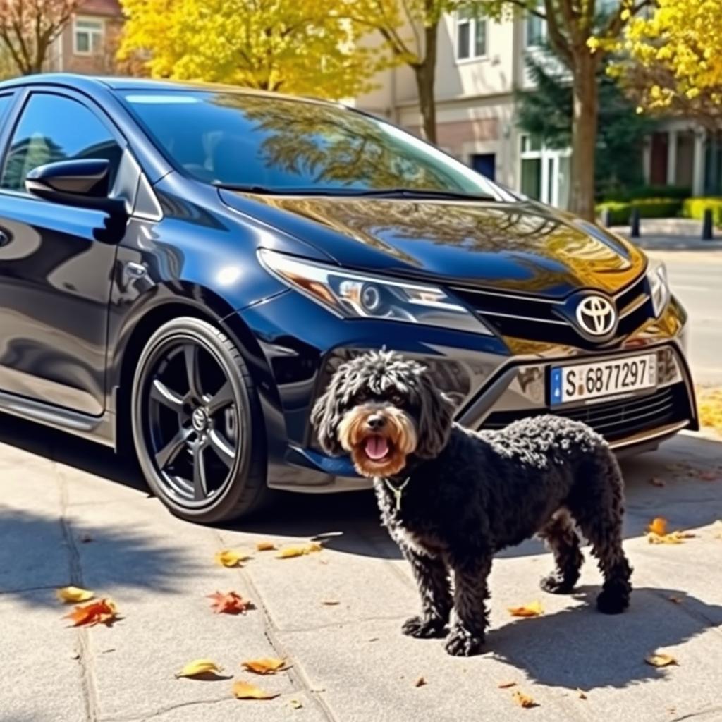 Modified Toyota Auris E15 with glossy black wheels, parked in a sunny urban setting