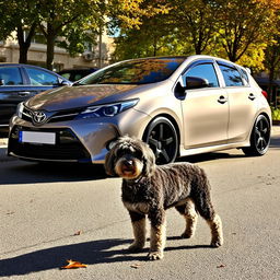 Modified Toyota Auris E15 with glossy black wheels, parked in a sunny urban setting