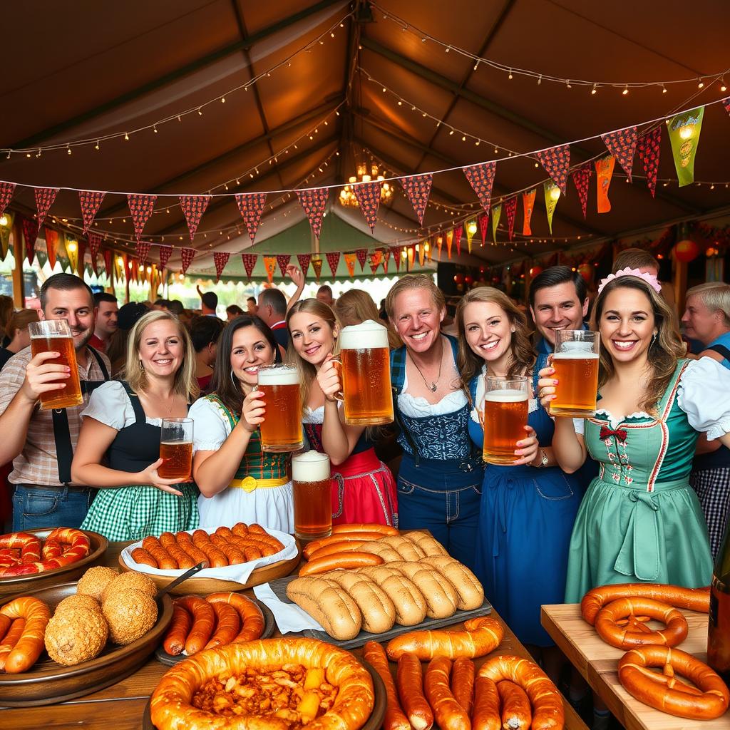 A vibrant Oktoberfest celebration, featuring cheerful people dressed in traditional Bavarian costumes, such as lederhosen and dirndls, holding large steins of beer