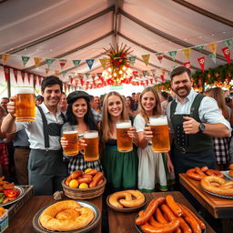 A vibrant Oktoberfest celebration, featuring cheerful people dressed in traditional Bavarian costumes, such as lederhosen and dirndls, holding large steins of beer