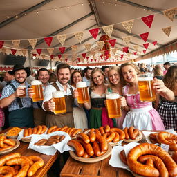 A vibrant Oktoberfest celebration, featuring cheerful people dressed in traditional Bavarian costumes, such as lederhosen and dirndls, holding large steins of beer