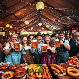 A vibrant Oktoberfest celebration, featuring cheerful people dressed in traditional Bavarian costumes, such as lederhosen and dirndls, holding large steins of beer