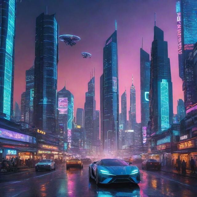 A futuristic city with towering skyscrapers glowing with neon lights. Streets are filled with futuristic vehicles and the sky is graced with high-tech flying structures.