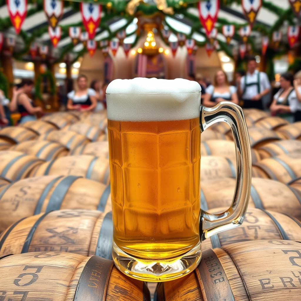 A traditional beer mug at Oktoberfest, surrounded by numerous wooden barrels filled with beer