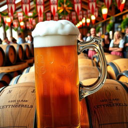 A traditional beer mug at Oktoberfest, surrounded by numerous wooden barrels filled with beer