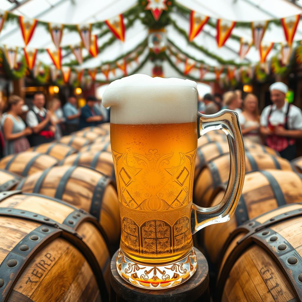 A traditional beer mug at Oktoberfest, surrounded by numerous wooden barrels filled with beer