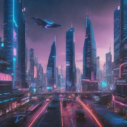 A futuristic city with towering skyscrapers glowing with neon lights. Streets are filled with futuristic vehicles and the sky is graced with high-tech flying structures.