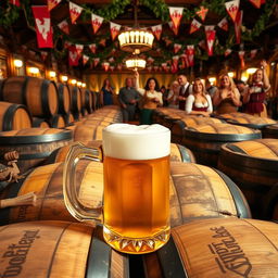 A traditional beer mug at Oktoberfest, surrounded by numerous wooden barrels filled with beer