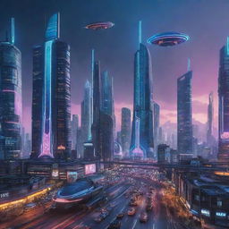 A futuristic city with towering skyscrapers glowing with neon lights. Streets are filled with futuristic vehicles and the sky is graced with high-tech flying structures.