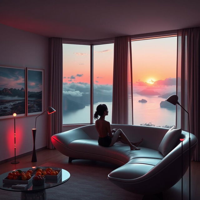 A contemporary living room with a wide panoramic window, revealing a serene view of a lake with mountains and clouds