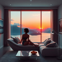 A contemporary living room with a wide panoramic window, revealing a serene view of a lake with mountains and clouds