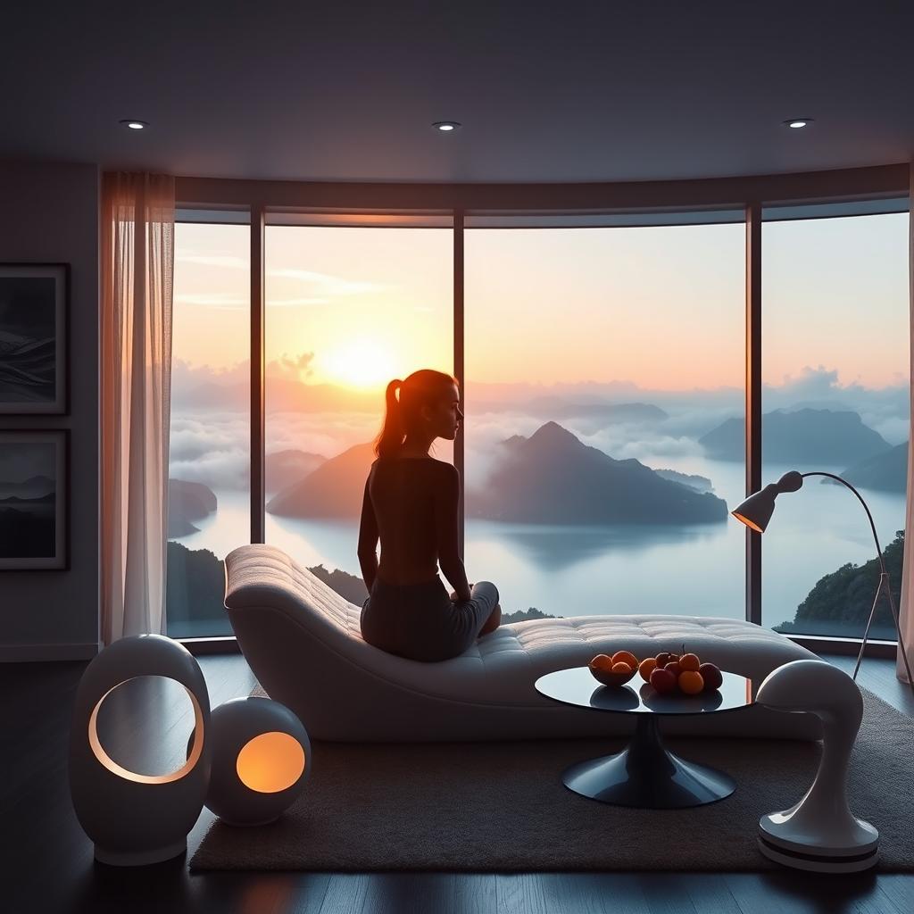 A contemporary living room with a wide panoramic window displaying a tranquil view of a lake nestled among mountains and clouds