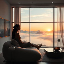 A contemporary living room with a wide panoramic window displaying a tranquil view of a lake nestled among mountains and clouds