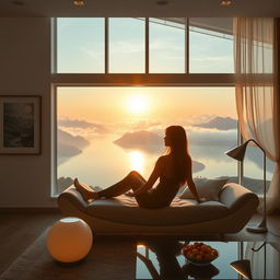 A contemporary living room with a wide panoramic window displaying a tranquil view of a lake nestled among mountains and clouds