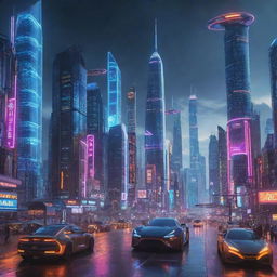 A futuristic city with towering skyscrapers glowing with neon lights. Streets are filled with futuristic vehicles and the sky is graced with high-tech flying structures.