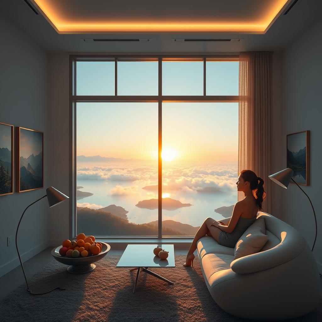 A contemporary living room with a wide panoramic window, offering a captivating view of a lake amidst mountains and clouds