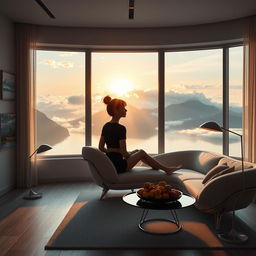 A contemporary living room with a wide panoramic window, offering a captivating view of a lake amidst mountains and clouds