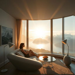 A contemporary living room with a wide panoramic window, offering a captivating view of a lake amidst mountains and clouds