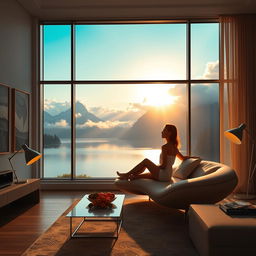 A contemporary, exceptionally wide living room featuring a panoramic window that offers a stunning view of a lake flanked by mountains and clouds