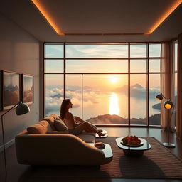 A contemporary, exceptionally wide living room featuring a panoramic window that offers a stunning view of a lake flanked by mountains and clouds