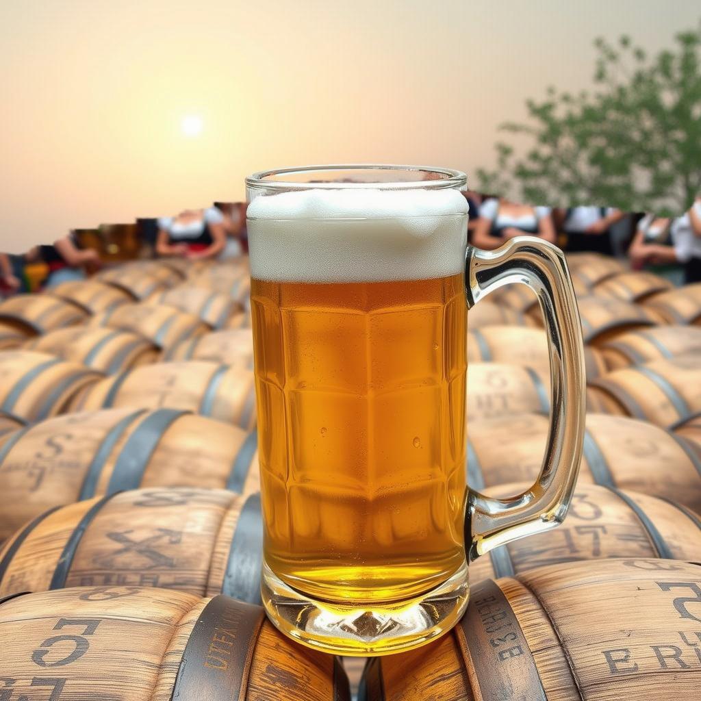 A large beer mug filled with frothy beer in focus, positioned in front of numerous beer barrels