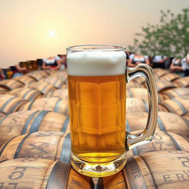 A large beer mug filled with frothy beer in focus, positioned in front of numerous beer barrels