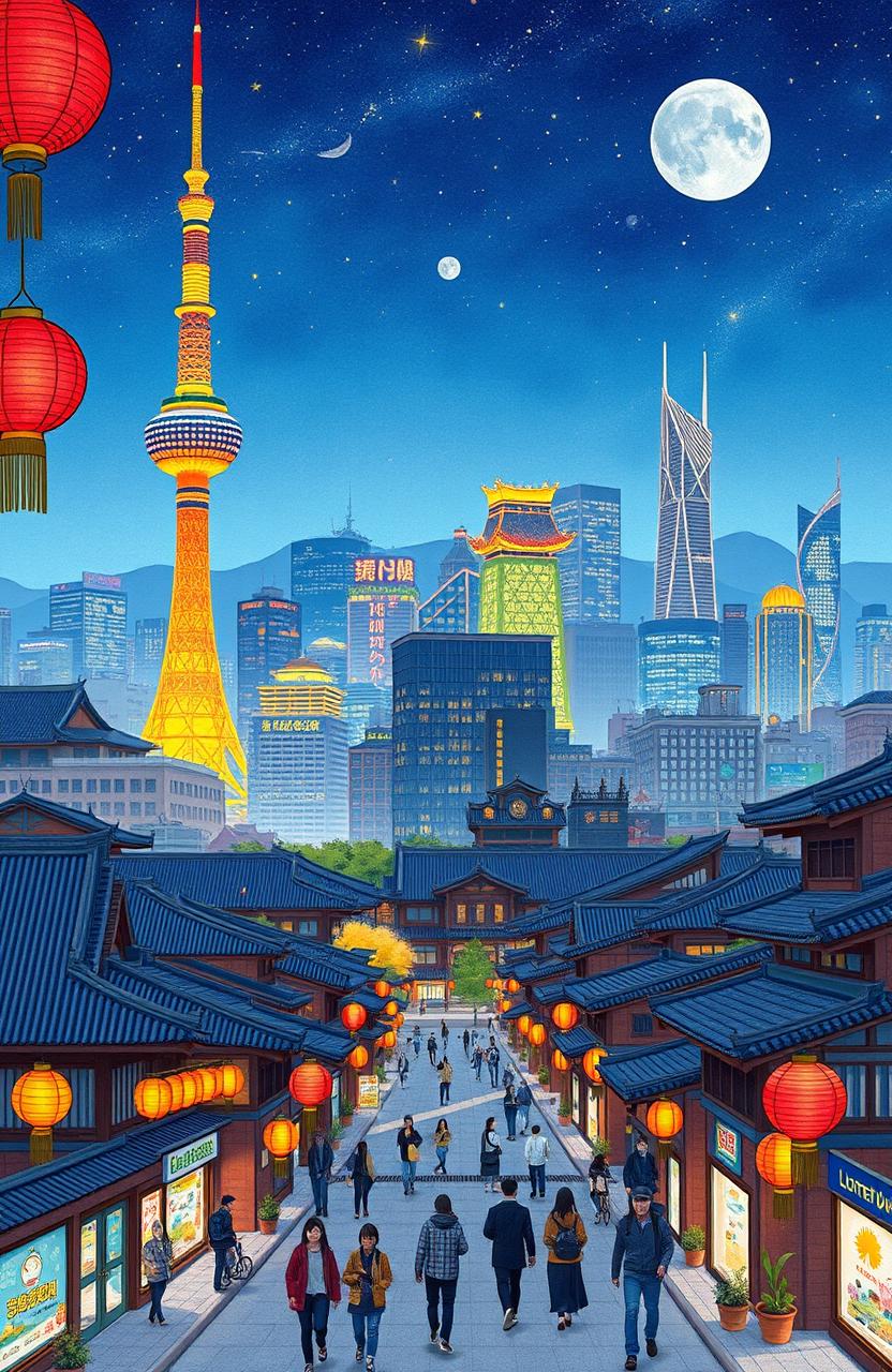 A vibrant and detailed illustration of Seoul city skyline at night, highlighting iconic landmarks like the N Seoul Tower and Lotte World Tower