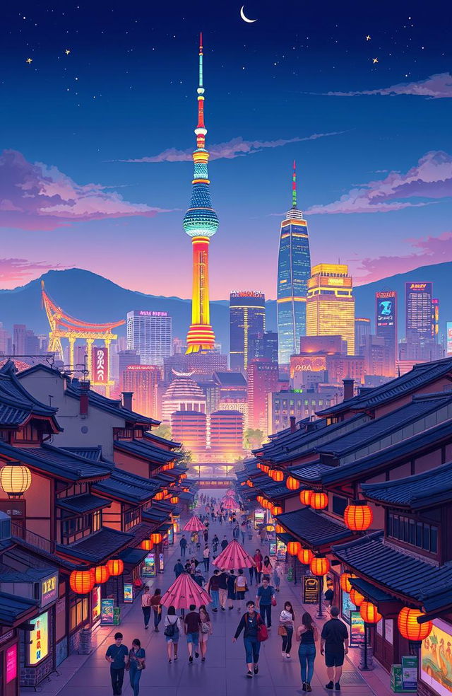 A vibrant and detailed illustration of Seoul city skyline at night, highlighting iconic landmarks like the N Seoul Tower and Lotte World Tower