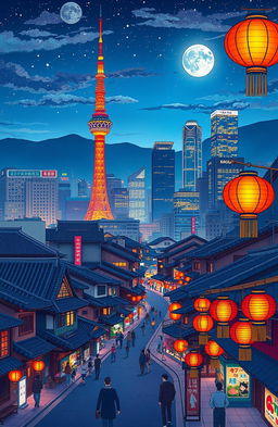 A vibrant and detailed illustration of Seoul city skyline at night, highlighting iconic landmarks like the N Seoul Tower and Lotte World Tower